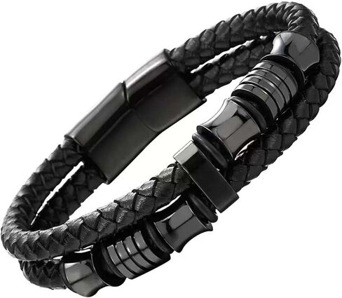 GAUEIOUR Leather Bracelets Mens Jewellery Gifts to My Son Dad Bracelet Retro Leather Black Double Layer Stainless Steel Clasp Cuff Bangle for Father's Day Graduation Birthday for Daddy Son (8.5 in) in Saudi Arabia