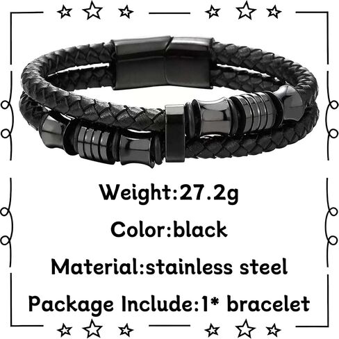 GAUEIOUR Leather Bracelets Mens Jewellery Gifts to My Son Dad Bracelet Retro Leather Black Double Layer Stainless Steel Clasp Cuff Bangle for Father's Day Graduation Birthday for Daddy Son (8.5 in) in Saudi Arabia