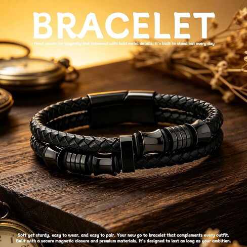 GAUEIOUR Leather Bracelets Mens Jewellery Gifts to My Son Dad Bracelet Retro Leather Black Double Layer Stainless Steel Clasp Cuff Bangle for Father's Day Graduation Birthday for Daddy Son (8.5 in) in Saudi Arabia