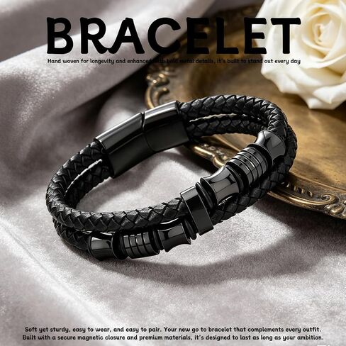 GAUEIOUR Leather Bracelets Mens Jewellery Gifts to My Son Dad Bracelet Retro Leather Black Double Layer Stainless Steel Clasp Cuff Bangle for Father's Day Graduation Birthday for Daddy Son (8.5 in) in Saudi Arabia