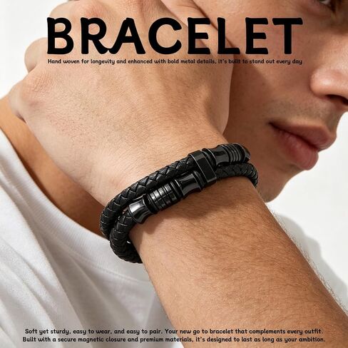 GAUEIOUR Leather Bracelets Mens Jewellery Gifts to My Son Dad Bracelet Retro Leather Black Double Layer Stainless Steel Clasp Cuff Bangle for Father's Day Graduation Birthday for Daddy Son (8.5 in) in Saudi Arabia
