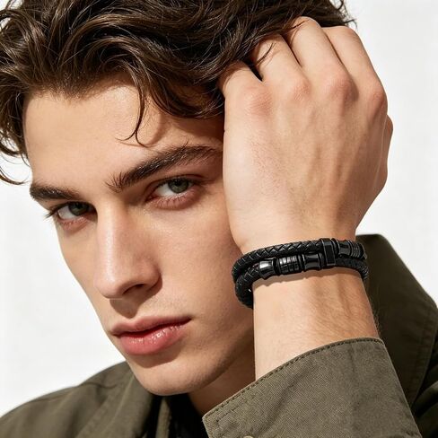 GAUEIOUR Leather Bracelets Mens Jewellery Gifts to My Son Dad Bracelet Retro Leather Black Double Layer Stainless Steel Clasp Cuff Bangle for Father's Day Graduation Birthday for Daddy Son (8.5 in) in Saudi Arabia