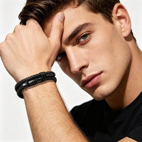 GAUEIOUR Leather Bracelets Mens Jewellery Gifts to My Son Dad Bracelet Retro Leather Black Double Layer Stainless Steel Clasp Cuff Bangle for Father's Day Graduation Birthday for Daddy Son (8.5 in) in Saudi Arabia