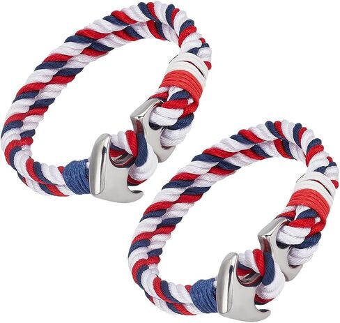 CREATCABIN 1 Box 2Pcs American Flag Bracelets Nautical Anchor Bracelet Independence Red White Blue Stainless Steel Nylon Sailor Handmade Braid Rope Wrap Wristband Cuff for Men Accessories 8.3 Inch in Saudi Arabia