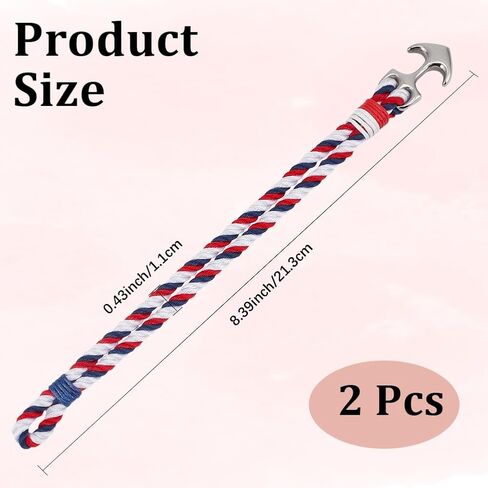 CREATCABIN 1 Box 2Pcs American Flag Bracelets Nautical Anchor Bracelet Independence Red White Blue Stainless Steel Nylon Sailor Handmade Braid Rope Wrap Wristband Cuff for Men Accessories 8.3 Inch in Saudi Arabia