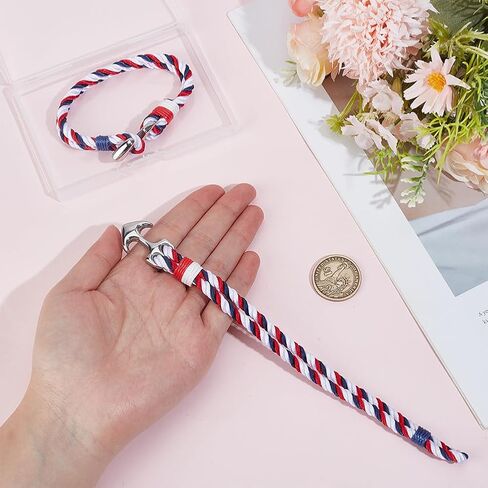 CREATCABIN 1 Box 2Pcs American Flag Bracelets Nautical Anchor Bracelet Independence Red White Blue Stainless Steel Nylon Sailor Handmade Braid Rope Wrap Wristband Cuff for Men Accessories 8.3 Inch in Saudi Arabia