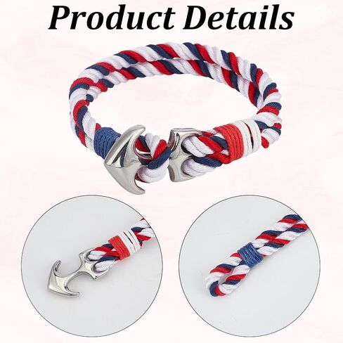 CREATCABIN 1 Box 2Pcs American Flag Bracelets Nautical Anchor Bracelet Independence Red White Blue Stainless Steel Nylon Sailor Handmade Braid Rope Wrap Wristband Cuff for Men Accessories 8.3 Inch in Saudi Arabia