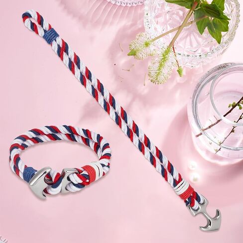 CREATCABIN 1 Box 2Pcs American Flag Bracelets Nautical Anchor Bracelet Independence Red White Blue Stainless Steel Nylon Sailor Handmade Braid Rope Wrap Wristband Cuff for Men Accessories 8.3 Inch in Saudi Arabia