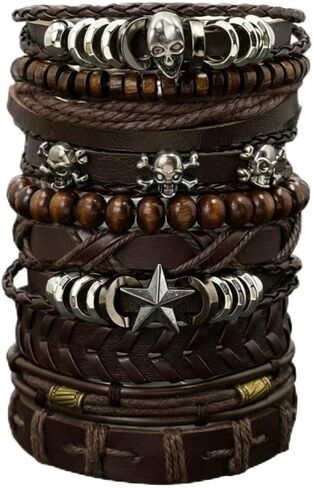 10pcs/set Men's Brown Multi-layer Punk Style Bracelet Beaded Skull Head Hip-hop Bracelet Set Pu Leather Cuff Jewelry Gift in Saudi Arabia