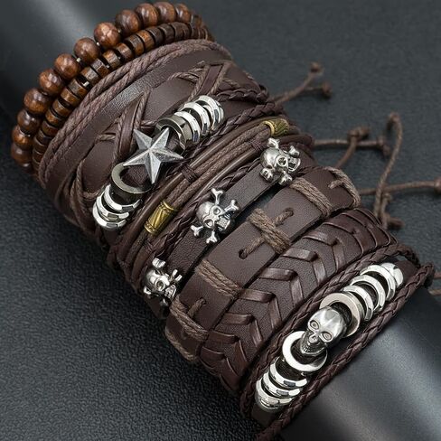10pcs/set Men's Brown Multi-layer Punk Style Bracelet Beaded Skull Head Hip-hop Bracelet Set Pu Leather Cuff Jewelry Gift in Saudi Arabia