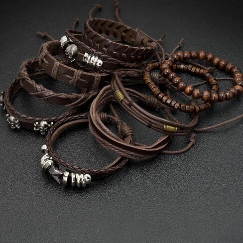 10pcs/set Men's Brown Multi-layer Punk Style Bracelet Beaded Skull Head Hip-hop Bracelet Set Pu Leather Cuff Jewelry Gift in Saudi Arabia