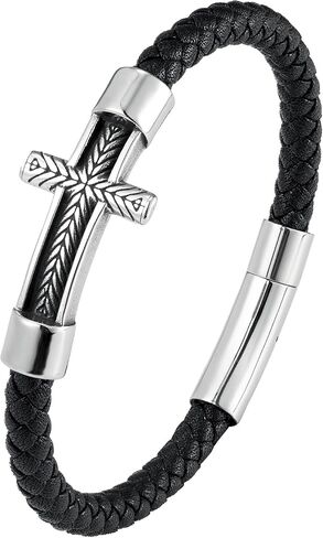 Mens Braided Leather Bracelets Handmade Cuff Bracelet Multi-Layer Cross Music Faith Gifts for Men in Saudi Arabia