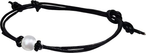 Real 6mm White Freshwater Pearl on Copper- Bronze-Steel-Black Iron-Silver-Titanium-BlackNiobium-14KGold-14K RoseGold Wire on Leather or Waxed Cord Adjustable Friendship Bracelet- June Birthstone in Kuwait