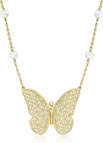 Ross-Simons 14kt Yellow Gold-Plated Filigree Butterfly Necklace With 5.5-6mm Cultured Pearls. 18 inches in Kuwait