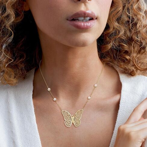 Ross-Simons 14kt Yellow Gold-Plated Filigree Butterfly Necklace With 5.5-6mm Cultured Pearls. 18 inches in Kuwait