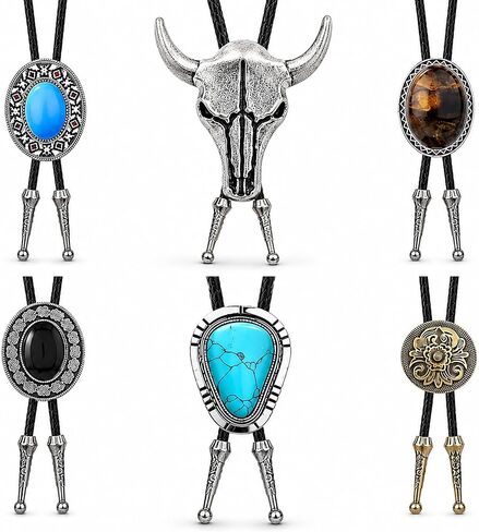 AOzT 6 Pcs Western Bolo Ties for Men - Cowboy Leather Bolo Tie Set with Vintage Bull Skull Turquoise Style Pendants, Adjustable Necktie Accessories for Men Women in Saudi Arabia