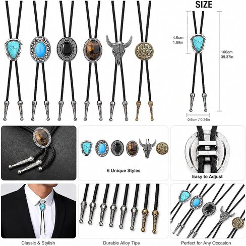 AOzT 6 Pcs Western Bolo Ties for Men - Cowboy Leather Bolo Tie Set with Vintage Bull Skull Turquoise Style Pendants, Adjustable Necktie Accessories for Men Women in Saudi Arabia