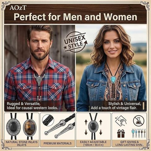 AOzT 6 Pcs Western Bolo Ties for Men - Cowboy Leather Bolo Tie Set with Vintage Bull Skull Turquoise Style Pendants, Adjustable Necktie Accessories for Men Women in Saudi Arabia