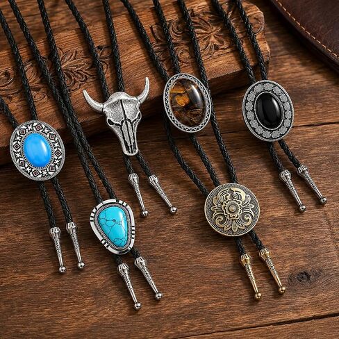 AOzT 6 Pcs Western Bolo Ties for Men - Cowboy Leather Bolo Tie Set with Vintage Bull Skull Turquoise Style Pendants, Adjustable Necktie Accessories for Men Women in Saudi Arabia