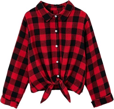 Girls Long Sleeve Flannel Plaid Button Down Shirt Red Kids Tie Front Blouse Tops Collared Shirts for 8-12 Y in Saudi Arabia