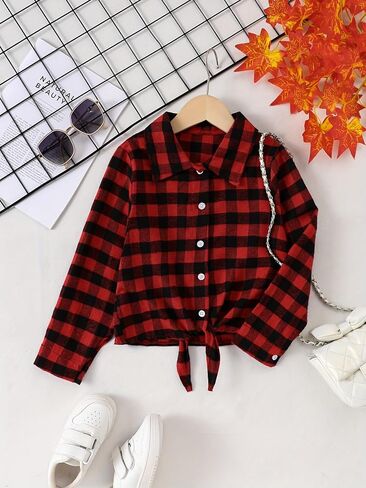 Girls Long Sleeve Flannel Plaid Button Down Shirt Red Kids Tie Front Blouse Tops Collared Shirts for 8-12 Y in Saudi Arabia