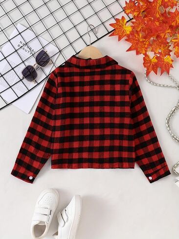 Girls Long Sleeve Flannel Plaid Button Down Shirt Red Kids Tie Front Blouse Tops Collared Shirts for 8-12 Y in Saudi Arabia