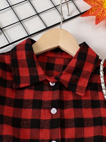 Girls Long Sleeve Flannel Plaid Button Down Shirt Red Kids Tie Front Blouse Tops Collared Shirts for 8-12 Y in Saudi Arabia