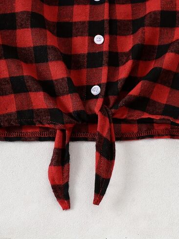 Girls Long Sleeve Flannel Plaid Button Down Shirt Red Kids Tie Front Blouse Tops Collared Shirts for 8-12 Y in Saudi Arabia