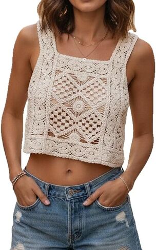 Gril's Crochet Tank Top for Teens Girls Summer Cute Sleeveless Cami Crop Top Hollow Out Sweet Spicy Y2K Blouse in Saudi Arabia