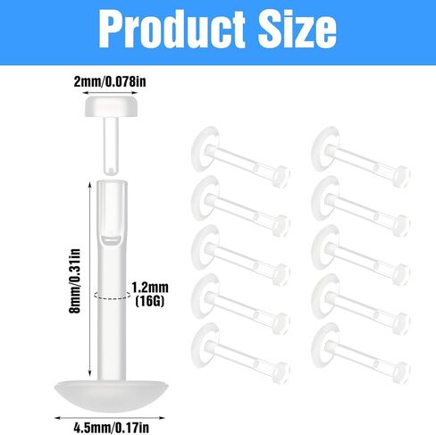 10pcs Flat Back Clear Piercing Retainers 16g Push Top Flat Back Clear Earrings for Sports Work Medusa Bioflex Lip Rings Monroe Retainer Labret Piercing Jewelry for Surgery Work 8mm in Kuwait