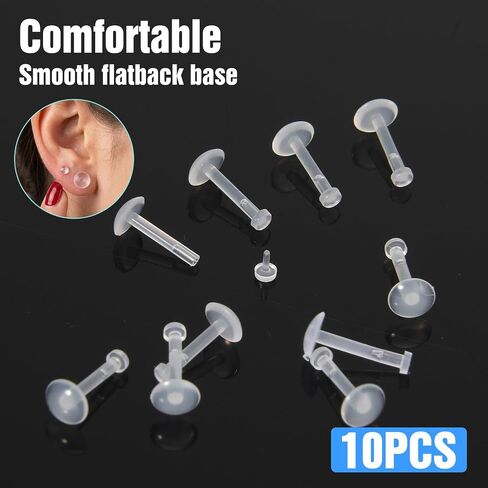 10pcs Flat Back Clear Piercing Retainers 16g Push Top Flat Back Clear Earrings for Sports Work Medusa Bioflex Lip Rings Monroe Retainer Labret Piercing Jewelry for Surgery Work 8mm in Kuwait
