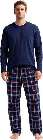 Men’s Cotton Pajama Set Long Sleeve T-Shirt & Plaid Pants Sleepwear Loungewear Drawstring Waist Pockets Button Fly in Saudi Arabia
