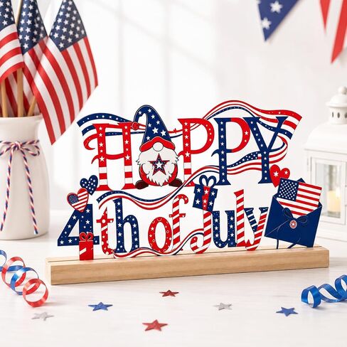 4th of July Decorations, Happy 4th of July Metal Table Sign with Wooden Base, Red White and Blue Patriotic Decor, Independence Day Tabletop Centerpiece for Home, Office, Shelf, Mantel, Indoor (4th of July) in Saudi Arabia