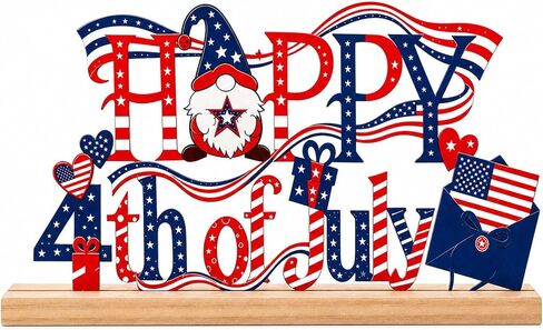 4th of July Decorations, Happy 4th of July Metal Table Sign with Wooden Base, Red White and Blue Patriotic Decor, Independence Day Tabletop Centerpiece for Home, Office, Shelf, Mantel, Indoor (4th of July) in Saudi Arabia