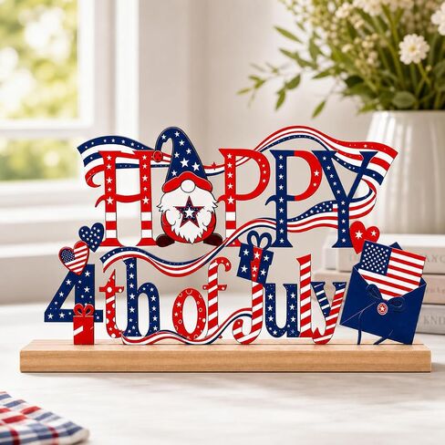 4th of July Decorations, Happy 4th of July Metal Table Sign with Wooden Base, Red White and Blue Patriotic Decor, Independence Day Tabletop Centerpiece for Home, Office, Shelf, Mantel, Indoor (4th of July) in Saudi Arabia
