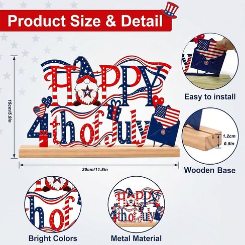 4th of July Decorations, Happy 4th of July Metal Table Sign with Wooden Base, Red White and Blue Patriotic Decor, Independence Day Tabletop Centerpiece for Home, Office, Shelf, Mantel, Indoor (4th of July) in Saudi Arabia