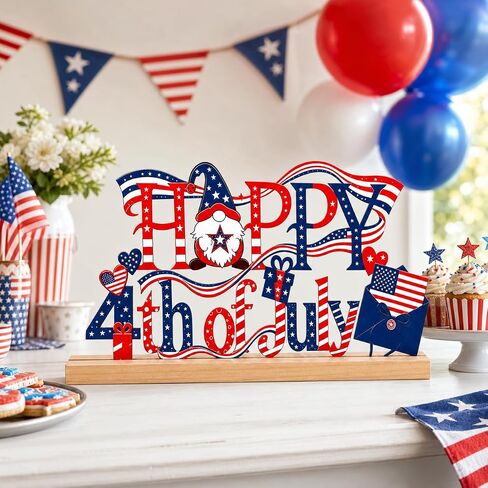 4th of July Decorations, Happy 4th of July Metal Table Sign with Wooden Base, Red White and Blue Patriotic Decor, Independence Day Tabletop Centerpiece for Home, Office, Shelf, Mantel, Indoor (4th of July) in Saudi Arabia