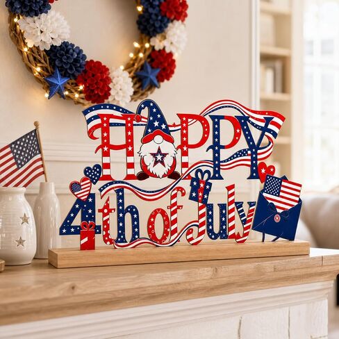 4th of July Decorations, Happy 4th of July Metal Table Sign with Wooden Base, Red White and Blue Patriotic Decor, Independence Day Tabletop Centerpiece for Home, Office, Shelf, Mantel, Indoor (4th of July) in Saudi Arabia
