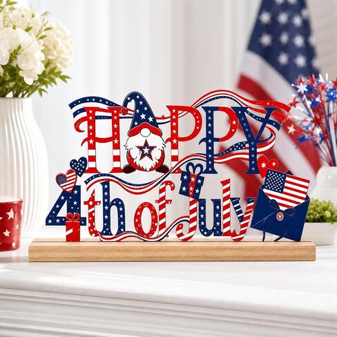 4th of July Decorations, Happy 4th of July Metal Table Sign with Wooden Base, Red White and Blue Patriotic Decor, Independence Day Tabletop Centerpiece for Home, Office, Shelf, Mantel, Indoor (4th of July) in Saudi Arabia