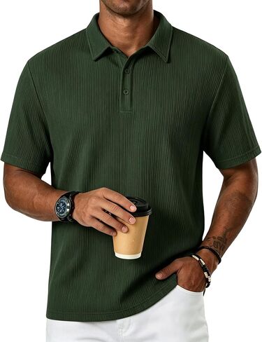 Mens Textured Knit Polo Shirts Short Sleeve Lightweight Stretchy Summer Vacation Casual Golf Shirts in Saudi Arabia