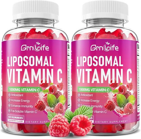 2 Pack Liposomal Vitamin C 1000mg Gummies for Adults Kids, 1500mg Chewable Vitamin C w/Iron, Zinc & Elderberry - Immune Support & Energy, Collagen Booster, Raspberry, 120 Count in Saudi Arabia