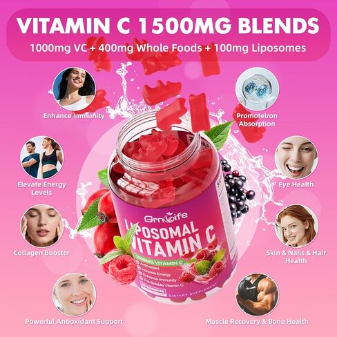2 Pack Liposomal Vitamin C 1000mg Gummies for Adults Kids, 1500mg Chewable Vitamin C w/Iron, Zinc & Elderberry - Immune Support & Energy, Collagen Booster, Raspberry, 120 Count in Saudi Arabia