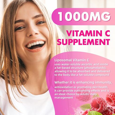 2 Pack Liposomal Vitamin C 1000mg Gummies for Adults Kids, 1500mg Chewable Vitamin C w/Iron, Zinc & Elderberry - Immune Support & Energy, Collagen Booster, Raspberry, 120 Count in Saudi Arabia