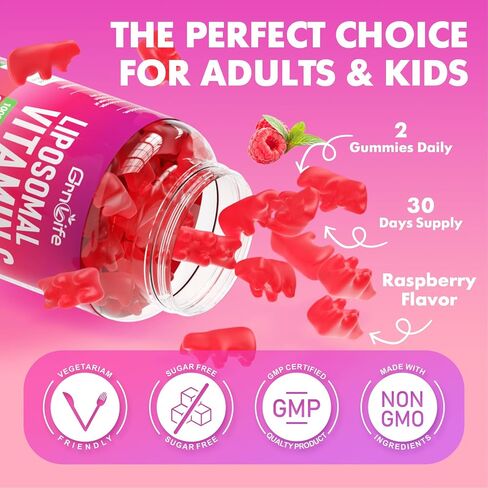 2 Pack Liposomal Vitamin C 1000mg Gummies for Adults Kids, 1500mg Chewable Vitamin C w/Iron, Zinc & Elderberry - Immune Support & Energy, Collagen Booster, Raspberry, 120 Count in Saudi Arabia
