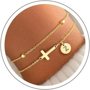 Yoosteel Initial Cross Bracelet for Women Teen Girls - 14K Gold-Plated Layered Disc Letter Cross Bracelet Jewelry Christian Baptism Gifts for Women Confirmation Gifts for Teen Girls Kids in Kuwait