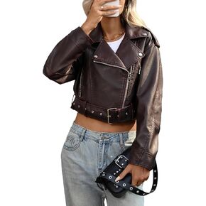 LY VAREY LIN Women Faux Leather Cropped Jacket Lapel Zipper Biker Bomber Coat with Belt in Saudi Arabia