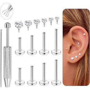 16G 18G Flat Back Stud Earrings for Women Men Surgical Steel Cartilage Tragus Helix Lip Labret Internal Thread CZ Stud Piercing Hypoallergenic Nose Stud with Grabber Tool 6-10mm in Saudi Arabia