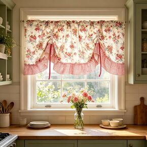 Vintage Rose Floral Short Curtain Valance Farmhouse Adjustable Tie Up Balloon Curtain for Kitchen Sink Bathroom Laundry Room Window Drapes with Red Plaid Trim Rod Pocket Top 1 Panel W59 x L20 Inch in Saudi Arabia