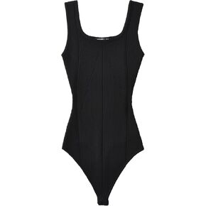 efvandoloe Women Elastic Slim Ribbed Knit Square Neck Bodysuit Sleeveless Seamed Top with Snap Closure Jumpsuits in Saudi Arabia