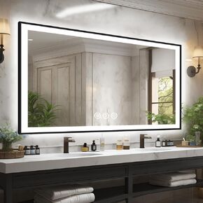 84x40 Large Light up Bathroom Mirror, Wall-Mounted LED Vanity Mirrors, Black Trim and Double Lights, 3 Colors and Stepless Dimming, Anti-Fog, Memory, Shatterproof (Horizontal/Vertical) in Kuwait